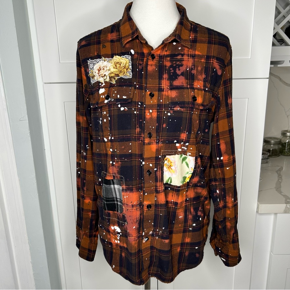 OOAK Upcycle Flannel Button Down Floral Shabby Chic Bleach Paint Splatter Size M